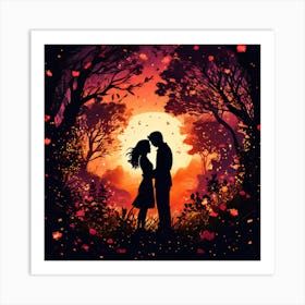 Love In The Forest, Silhouettes Of Two People Hugging Surrounded By Elements Of Nature Flowers Trees Growing , Silhouette Of Couple In The Forest Art Print