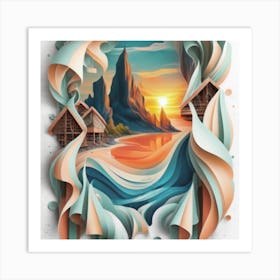 Paper Art mountains sunrise Art Print