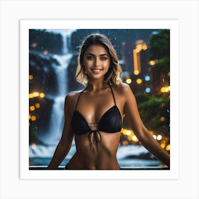 Beautiful Woman In Bikini Standing In Front Of Waterfallvhh Art Print
