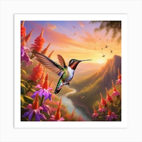 A Ruby Throated Hummingbird Wings In High Speed Motion Hovers Above A Vibrant Array Of Bewildering 413054471 (1) Art Print