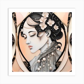 Gypsy Woman Elegant Silhouette Japanese Textured Monohromatic Art Print