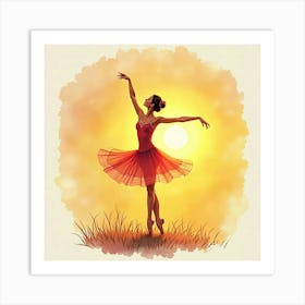 Graceful Ballerina With Watercolor Golden Sunset 1 Art Print