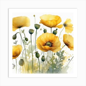 Yellow watercolour Poppies Art Print