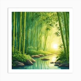 A Stream In A Bamboo Forest At Sun Rise Square Composition 303 Art Print