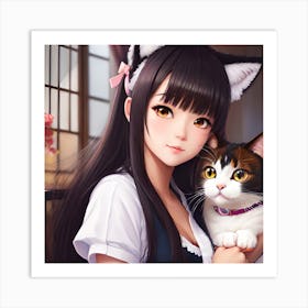Kawaii anime portrait Rai with cat Art Print