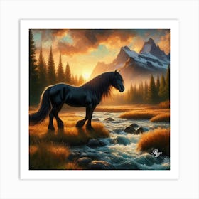 Black Stallion By Stream At Sunrise 3 Art Print