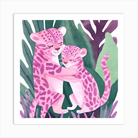 Pink Leopards Playing in Jungle Art Print