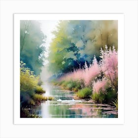 River With Pink Flowers Art Print