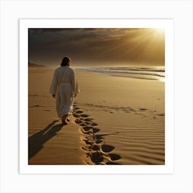 Jesus Walking On The Beach Art Print