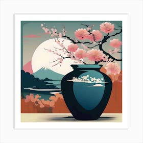 Flower Vase Decorated with Japanese Landscape, Blue, Orange and Pink Art Print