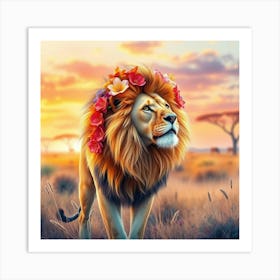 A Lion With A Mane Of Bright Flowers, Standing In A Colorful Watercolor Savanna At Dawn Art Print