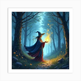 Mystical Mage Casting Spells In A Glowing Forest, Watercolor Style 1 Art Print