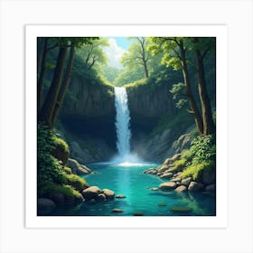 A Hidden Waterfall Cascading Into A Crystal Clear Pool In A Forest 1 Art Print