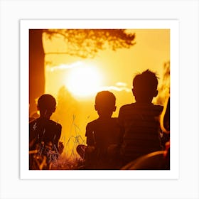 Silhouette Of Children At Sunset Art Print