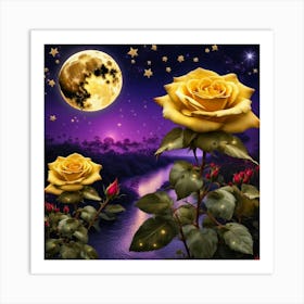 Yellow Roses In The Moonlight Art Print