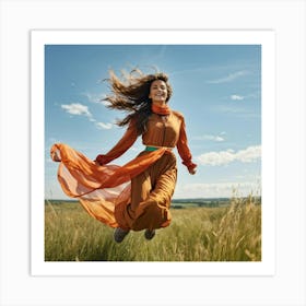 A Youthful Female Exuding Vitality Engaged In Jumping With Unrestrained Joy Sporting Healthy Slim (4) Art Print