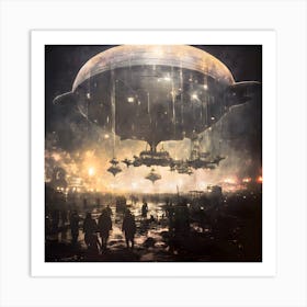Steampunk Anthotype. Airship. Space craft. Monochrome. Black and white. Fantasy. Science Fiction. Art Print