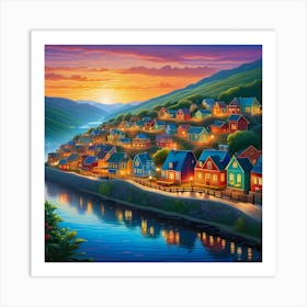 Twilight Village by Waterside of A Calm River Art Print