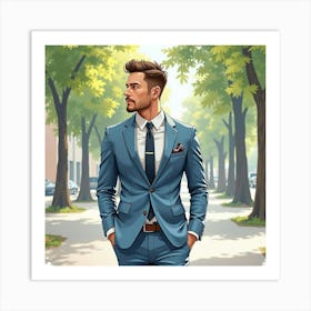 Handsome Man In Watercolor Suit, Urban Park Setting 1 Art Print