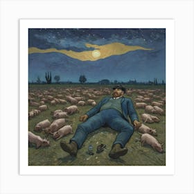 Smoke Rings in Chaos: A Pig-Driven Night Pigs In The Field Art Print