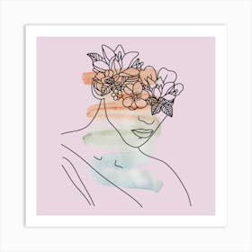 Woman With Flowers On Her Head line art Art Print