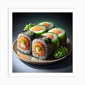 Plate Of Salmon And Broccoli Sushi Rolls Art Print