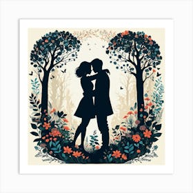 Couple Kissing In The Forest, Silhouettes Of Two People Hugging Surrounded By Elements Of Nature Flowers Trees Growing , Silhouette Of Couple In The Forest Art Print