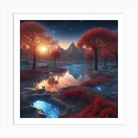 This Is A Surreal, Intricate Sunset Cg Rendering Graph,A Red And Blue Fountain Of Life,The Transpare (1) Art Print