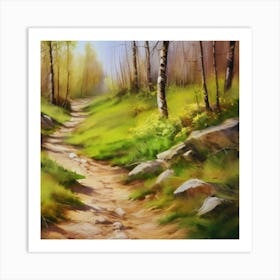 Path In The Woods.A dirt footpath in the forest. Spring season. Wild grasses on both ends of the path. Scattered rocks. Oil colors.18 Art Print