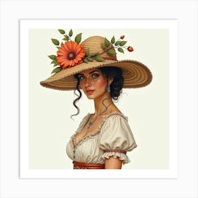 Spanish Woman With An Elaborate Hat, Watercolor With Ornate Details 1 Art Print