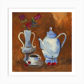 Still Life With A Teapot And A Vase - square orange impressionist impressionism kitchen art Anton Maliar Art Print