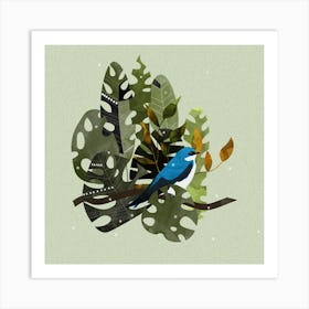 Blue Bird In The Forest Nature Plant Leaves Art Print