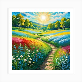 Sunny Day in A Meadow with Winding Path, Wildflowers, Trees, Painting Art Print