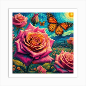 Roses And Butterflies Art Print