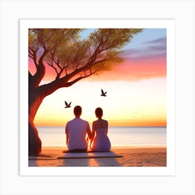 Couple Sitting Under Tree At Sunset Art Print