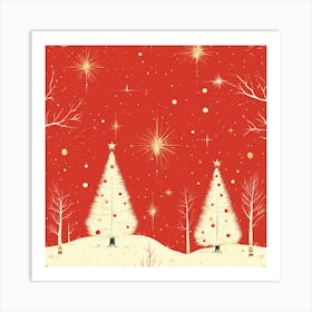 Christmas Trees On A Red Background Art Print