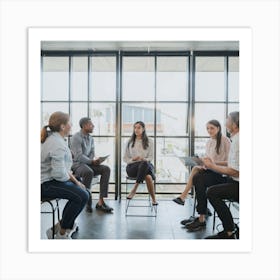 An expressive and diverse group of employees engaged in a casual, yet professional, meeting or discussion in a modern office space. This image communicates collaboration, diversity, and a positive work environment, suitable for various business-related applications Art Print