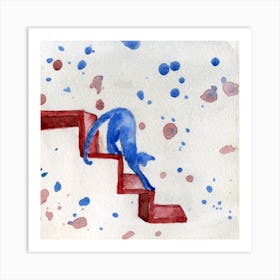 Blue Cat Stretching On Stairs Watercolor Painting Art Print