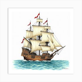 Detailed Watercolor Scene Of A Majestic Galleon 1 Art Print