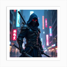 Ninja Shadow Warrior In Glowing Night City, Vibrant Chaos 1 Art Print