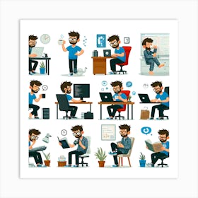 Vector Illustration Of A Man Working At His Desk Art Print