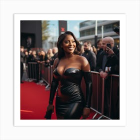 A Sexy Black Woman Voluptuous In A Black Latex Dress Smiling to Crowd A On the Red Carpet Near Gate - Created by Midjourney Art Print