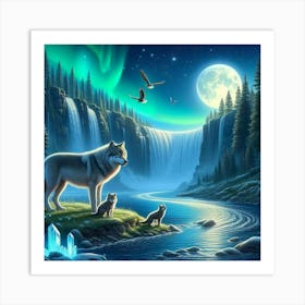 Wolf Family by Waterfall Under Full Moon and Aurora Borealis 2 Art Print