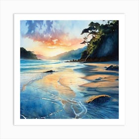 Watercolor Totaranui Beach Tasman Landscape Studio Photography Complex Details Art Print