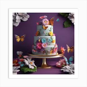 Daisy Flower Cake with Paper Butterflies Art Print