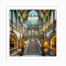 A grand, gothic-style cathedral with a large staircase and stained glass windows. Art Print