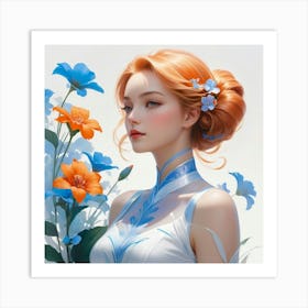 Chinese Girl With Flowers 1 Art Print