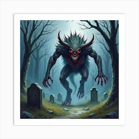 Horror Beast In Forgotten Graveyard, Watercolor, Haunting Hues 1 Art Print