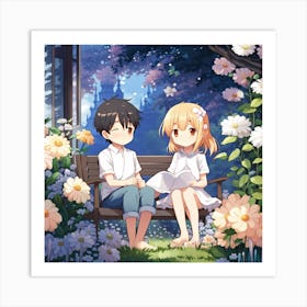 Boy and girl anime in the garden Art Print