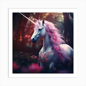 white unicorn with a long mane in a mystical fairytale forest, mountain dew, fantasy, mystical forest, fairytale, beautiful, purple pink and blue tones, dark yet enticing, Nikon Z8 Art Print